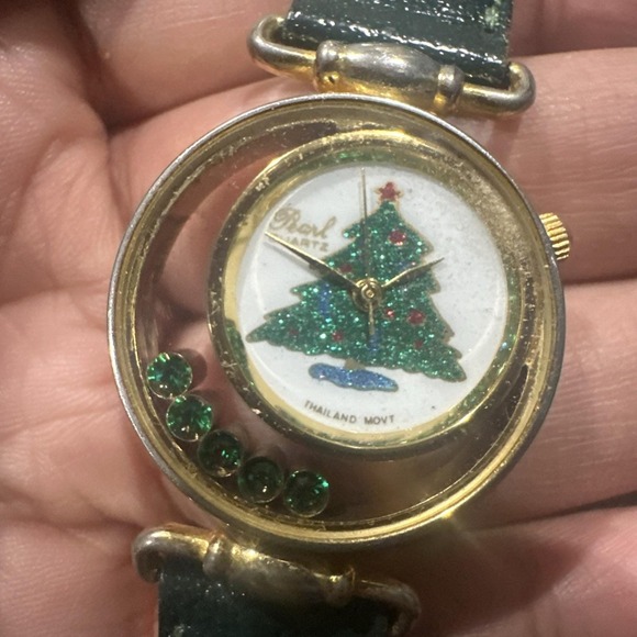 Works Vtg PEARL Christmas Tree Dial Watch Women Quartz Leather NEW BATTERY 30mm - Picture 3 of 9